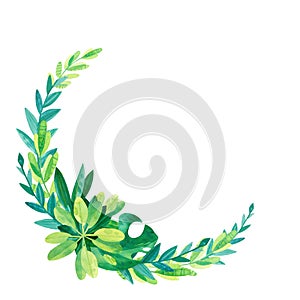 Empty tropical leaves frame with hand drawn illustration.  Jungle watercolor drawing. Cartoon green cliparts on white background.