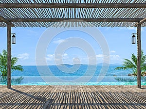 Empty tropical pool terrace with old wood flooring 3d render