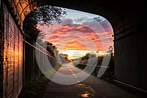 Empty tunnel with footpath lit by sunset