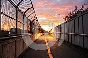 Empty tunnel with footpath lit by sunset