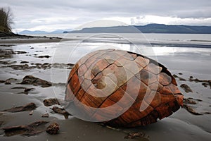 an empty turtle shell washed up on a tsunami-hit beach