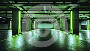 Empty underground parking garage illuminated with futuristic neon lights, showcasing a clean and modern urban infrastructure