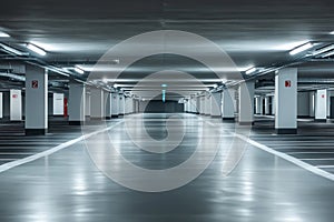 Empty underground parking garage with many spaces