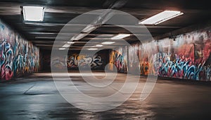 Empty underground parking with graffiti wall abstract background. Idea for artistic pop art background