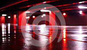 Empty underground parking lot, neon red lights on the wall