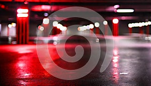 Empty underground parking lot, neon red lights on the wall