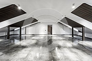 Empty unfurnished loft mansard room interior with wooden columns and wet concrete floor on roof level in black and whote style