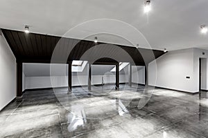 Empty unfurnished loft mansard room interior with wooden columns and wet concrete floor on roof level in black and whote style