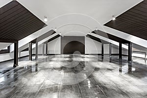 Empty unfurnished loft mansard room interior with wooden columns and wet concrete floor on roof level in black and whote style