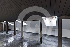 Empty unfurnished loft mansard room interior with wooden columns and wet concrete floor on roof level in black and whote style