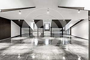 Empty unfurnished loft mansard room interior with wooden columns and wet concrete floor on roof level in black and whote style