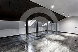 Empty unfurnished loft mansard room interior with wooden columns and wet concrete floor on roof level in black and whote style