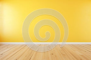 Empty unfurnished room with daylight, yellow wall and wooden floor. Mock up interior. Empty, copy space for your