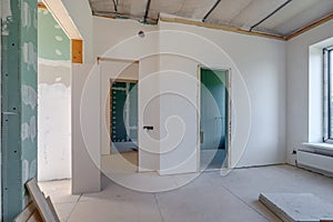 Empty unfurnished room with minimal preparatory repairs. interior with white walls and drywall