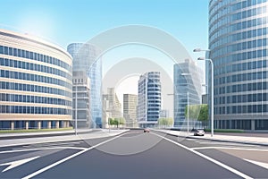 Empty urban asphalt road exterior with city buildings background. New modern highway concrete construction. Concept of