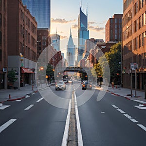 Empty urban asphalt road exterior with city buildings background. New modern highway concrete construction.