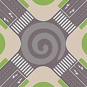 Empty urban crossroad with pedestrian paths. City intersection with pedestrian zebra lines. Top view of crossroads. Cityscape