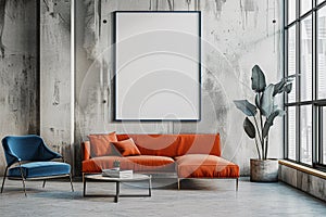 Empty vertical frame for wall art mock up. A contemporary living room featuring a orange couch and a stylish armchair.
