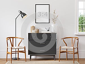 Empty vertical frame 3:4 on white wall in scandinavian interior with wood floor. photo