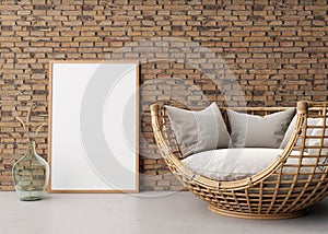 Empty vertical picture frame on brick wall in modern living room. Mock up interior in scandinavian, boho style. Free