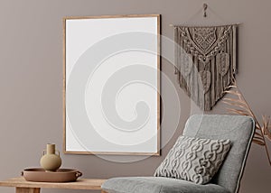 Empty vertical picture frame on brown wall in modern living room. Mock up interior in scandinavian, boho style. Free