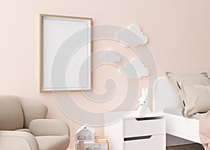 Empty vertical picture frame hanging on the wall in modern child room. Frame mock up in contemporary style. Free, copy