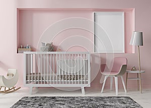 Empty vertical picture frame on pink wall in modern child room. Mock up interior in scandinavian style. Free, copy space