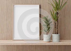 Empty vertical picture frame standing on shelve in modern room. Mock up interior in contemporary style. Free, copy space