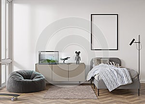 Empty vertical picture frame on white wall in modern child or teenie room. Mock up interior in contemporary style. Free