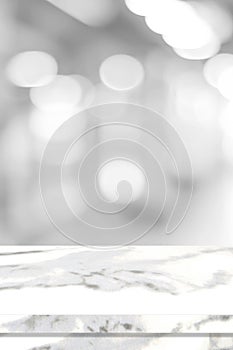 Empty vertical white table top, counter, desk over blur perspective store with bokeh light background, White marble stone table,