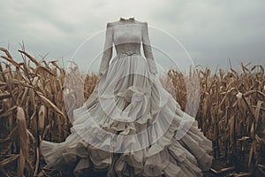 Empty Victorian era wedding dress hovering over corn field