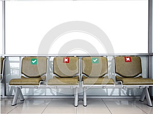 Empty waiting chairs with social distancing sign, green check mark and red cross mark