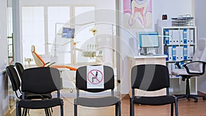 Empty waiting room with signs on chairs respecting social distance