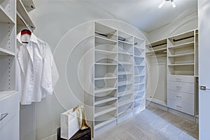 Empty walk-in closet with open shelves