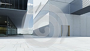 Empty walkway road and modern office buildings exterior