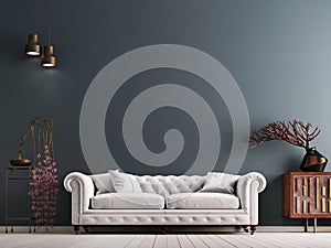 Empty wall in classical style interior with white sofa on grey background wall.