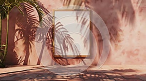 Empty wall frame partially covered by shadows from a palm tree\'s shade.