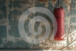 Empty wall in gym complements red punching bag for advertising