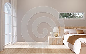 Empty wall in a house interior with white bedroom, minimalist style and arched windows. 3D rendering