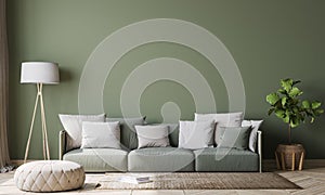 Empty wall interior design in modern living room mock-up , green armchair with white cushions Scandinavian style