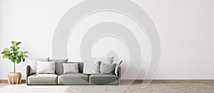 Empty wall interior design in modern living room mock-up ,White background wall. green couch, Panorama. Scandinavian style