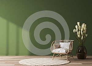 Empty wall mock-up in home interior on green background with rattan chair