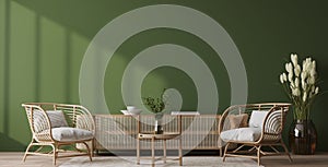 Empty wall mock-up in home interior on green background with rattan chair, wooden table and decor in living room, panorama