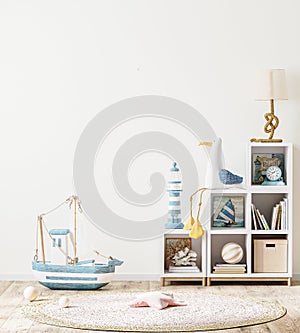 Empty wall mock up with kids shelf with books and toys, scandinavian style children`s room interior, 3d rendering