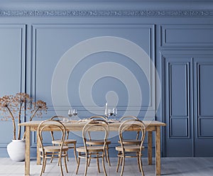 Empty wall mockup In blue classic dining room, cozy and minimal interior design