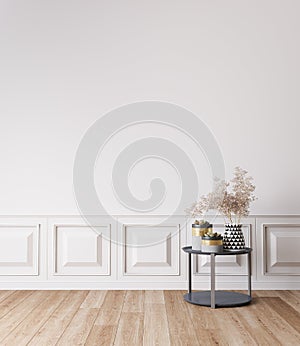 Empty wall mockup in white modern, simple and elegant room interior