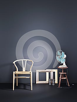 Empty wall with wooden chair and air fan in a black wall background dark modern interior