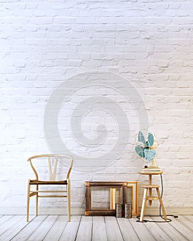 Empty wall with wooden chair and air fan in a white brick background modern interior