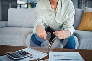 Empty wallet, money or hands with a calculator, loan documents or purse for budget planning. Broke, inflation closeup or