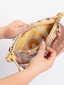 Empty wallet on a white background. No money, but you hold on. Bankruptcy. Financial failure